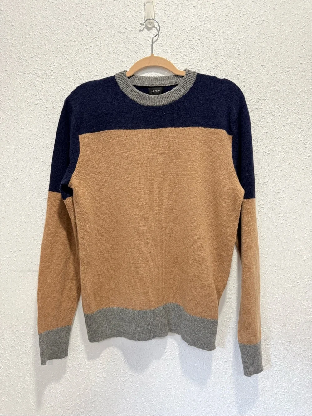 J. Crew merino wool blend Men's Navy, Camel & Gray Blocked Crewneck Sweater M